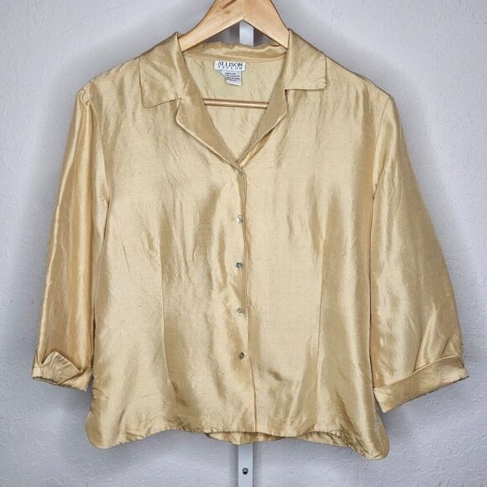 Vintage Allison Taylor 100% Silk Button Front Blouse Champagne Gold Size Large